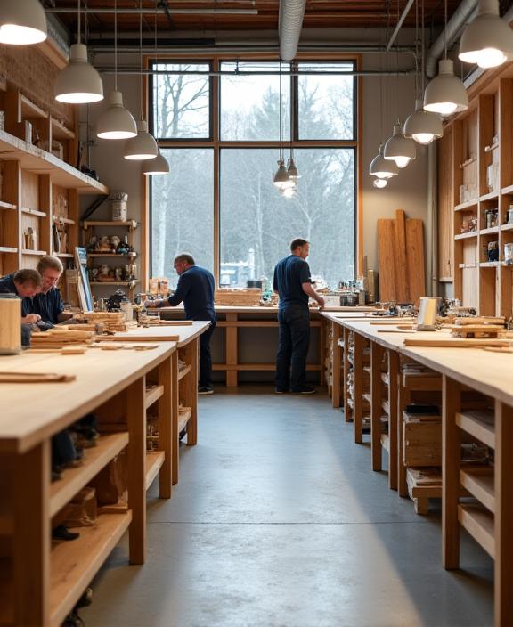 Inne i Lykke Møblers verksted med håndverkere i bakgrunnen.